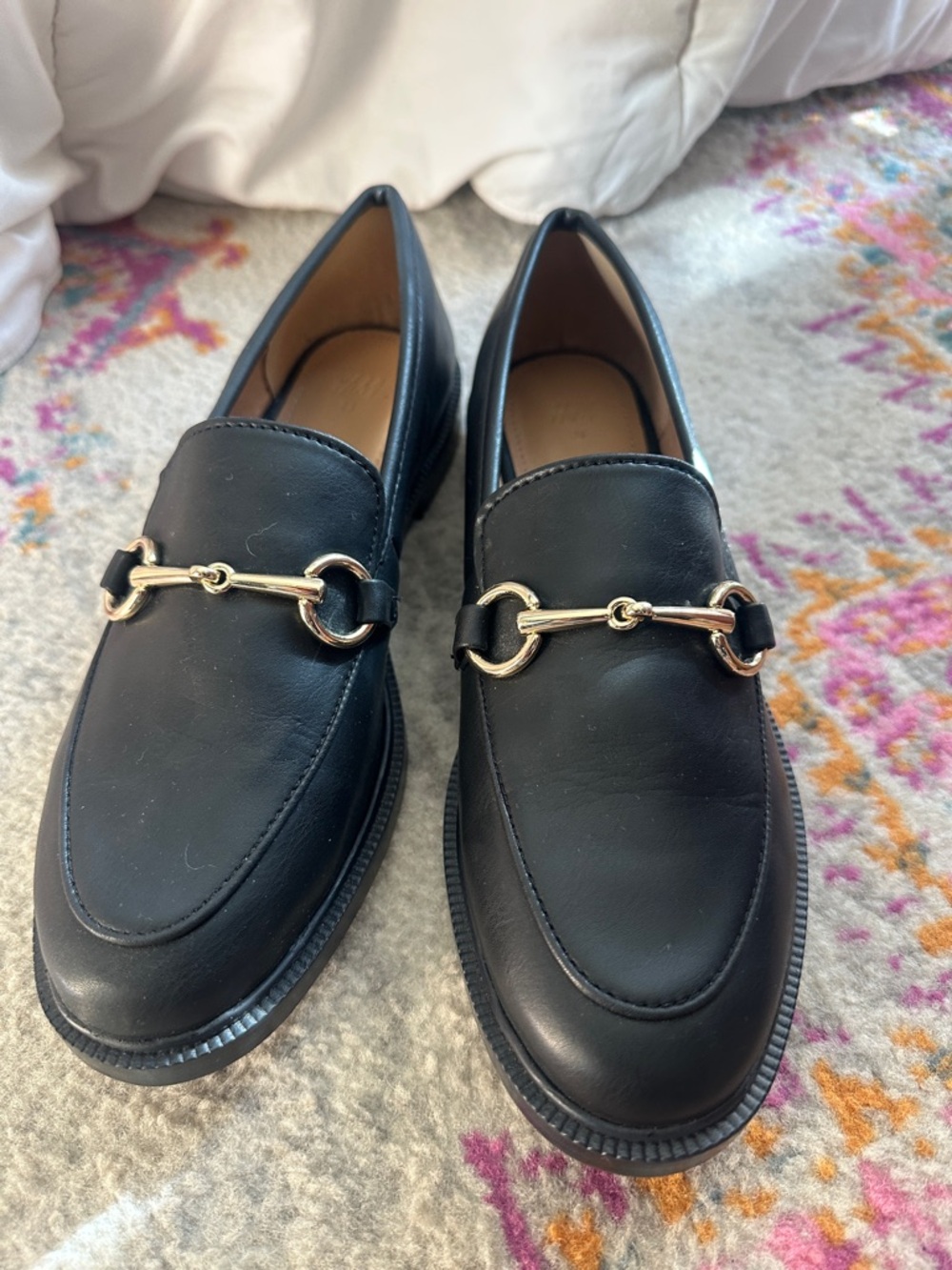 H&M Black Leather Bit Loafers with Gold Accent Women - Picture 2 of 7